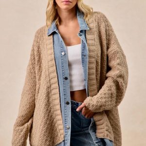 Long Cardigan Sweater With Washed Denim: Jean Patchwork