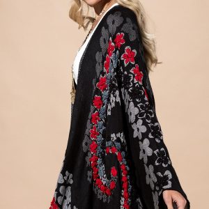 Black Floral Ruana Made In India: Women's Embroidered