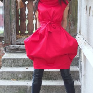 Bold Red Avant Garde Cocoon Dress With Belt