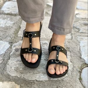 Men's Leather Slingback Sandals Black Greek Summer Shoes