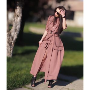 Utility Style Belted Shirt Dress Long Button Down