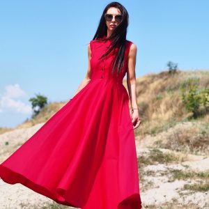 Sleeveless Red Shirt Dress Elegant Collared Maxi With