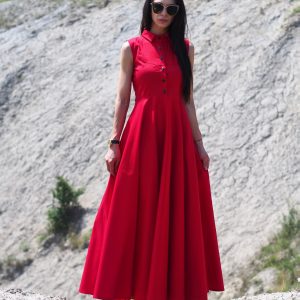 Sleeveless Red Shirt Dress Elegant Collared Maxi With