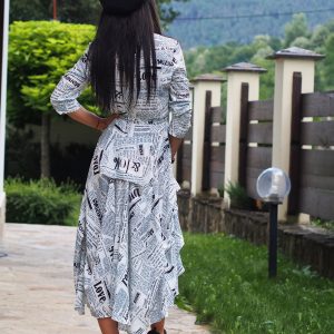 Print Flared Shirt Dress With Sleeves Casual Button