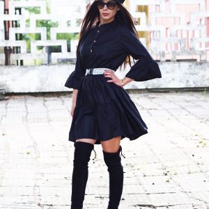 Black Cotton Shirt Dress With Belt Ruffle Long